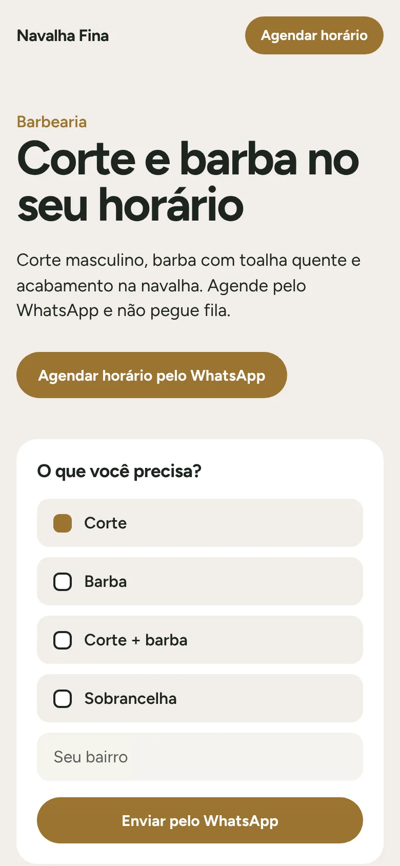 Modelo de barbearia aberto no celular