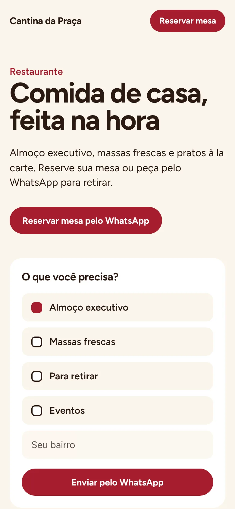 O mesmo site de restaurante aberto no celular