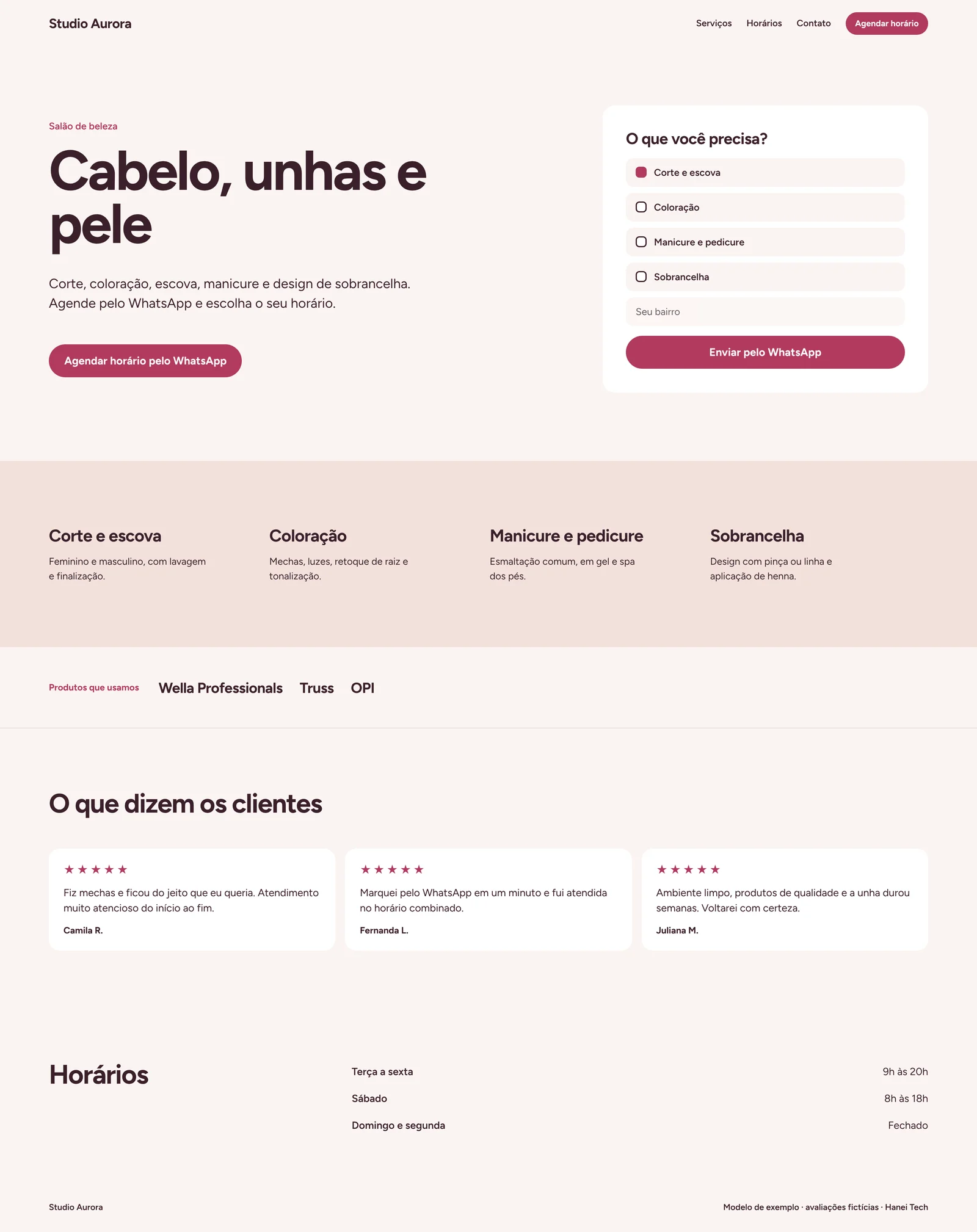 Página completa do modelo de salão de beleza, com serviços e horários
